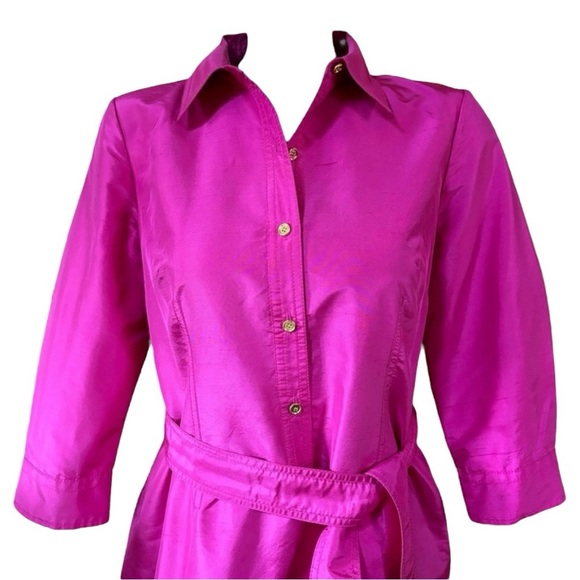 Talbots Fuchsia Pink 100% Silk Shirt Dress 16 – Belted Button Front - Picture 6 of 9
